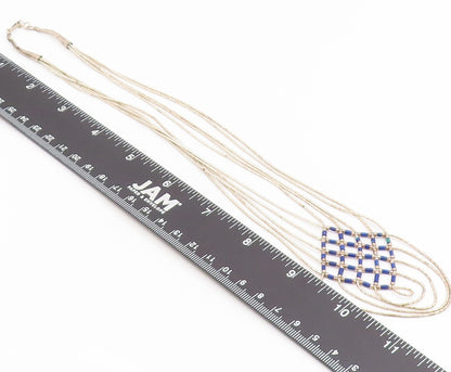 925 Sterling Silver Vintage Necklace Modernist Lapis Lazuli Beaded Net  NE4855