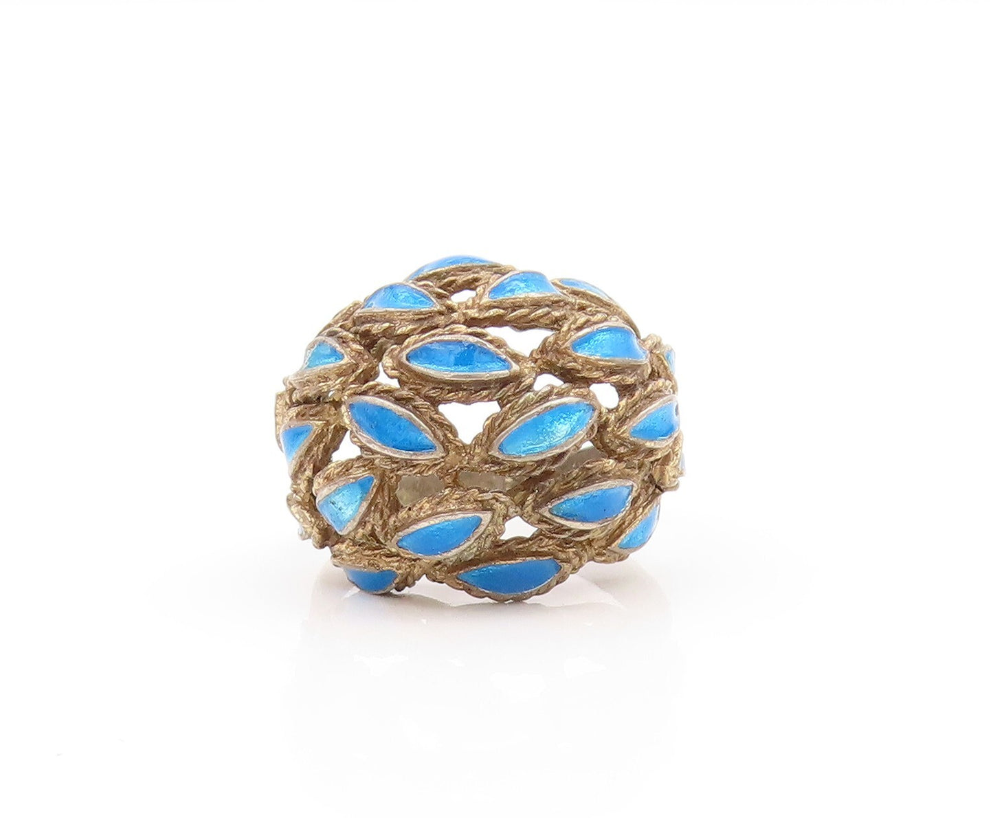 925 Sterling Silver Vintage Ring ESPO Domed Enameled Cutout Leaves Sz 8  RG31757