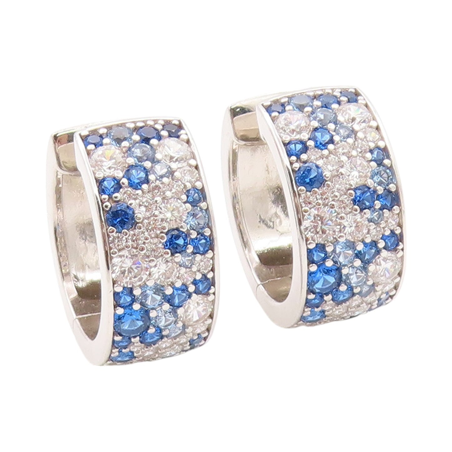 925 Sterling Silver Vintage Earrings Blue & White CZ Inlay Broad Hoops  EG13545