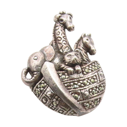 925 Sterling Silver Vintage Brooch Pin Marcasite Noah's Ark Animal Charm BP12357