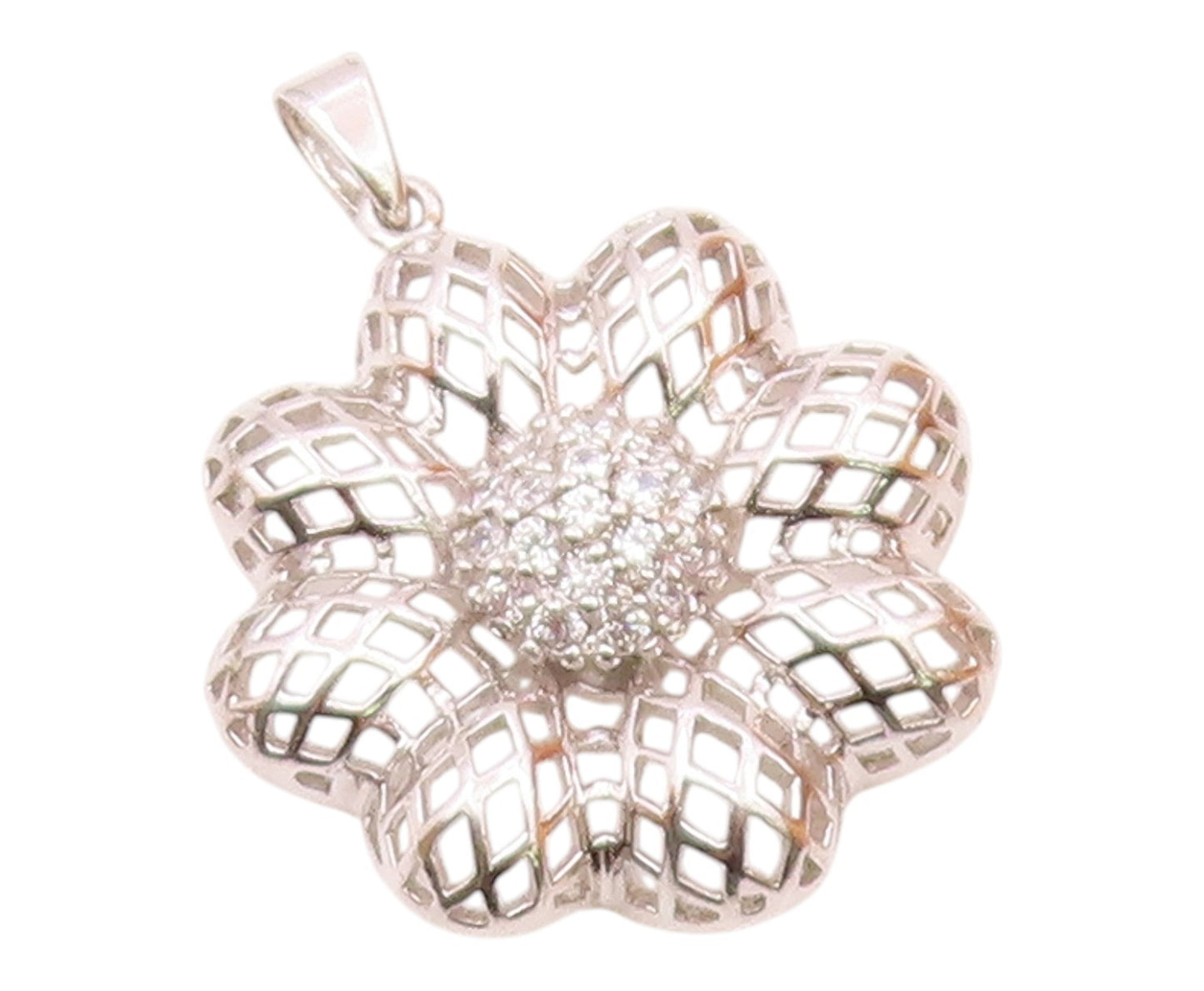 925 Sterling Silver  Vintage Cubic Zirconia Flower Motif Pendant  PT18977