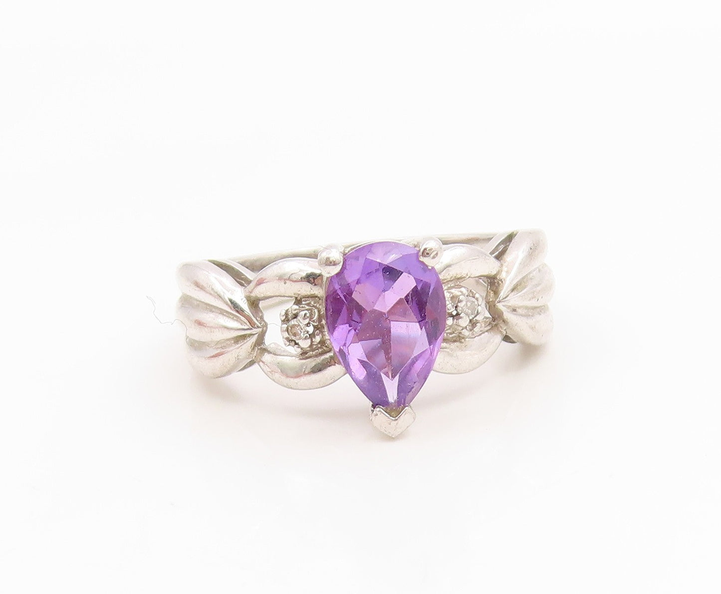 925 Sterling Silver Vintage Ring Pear Cut Amethyst Statement Band  Sz 7  RG35932