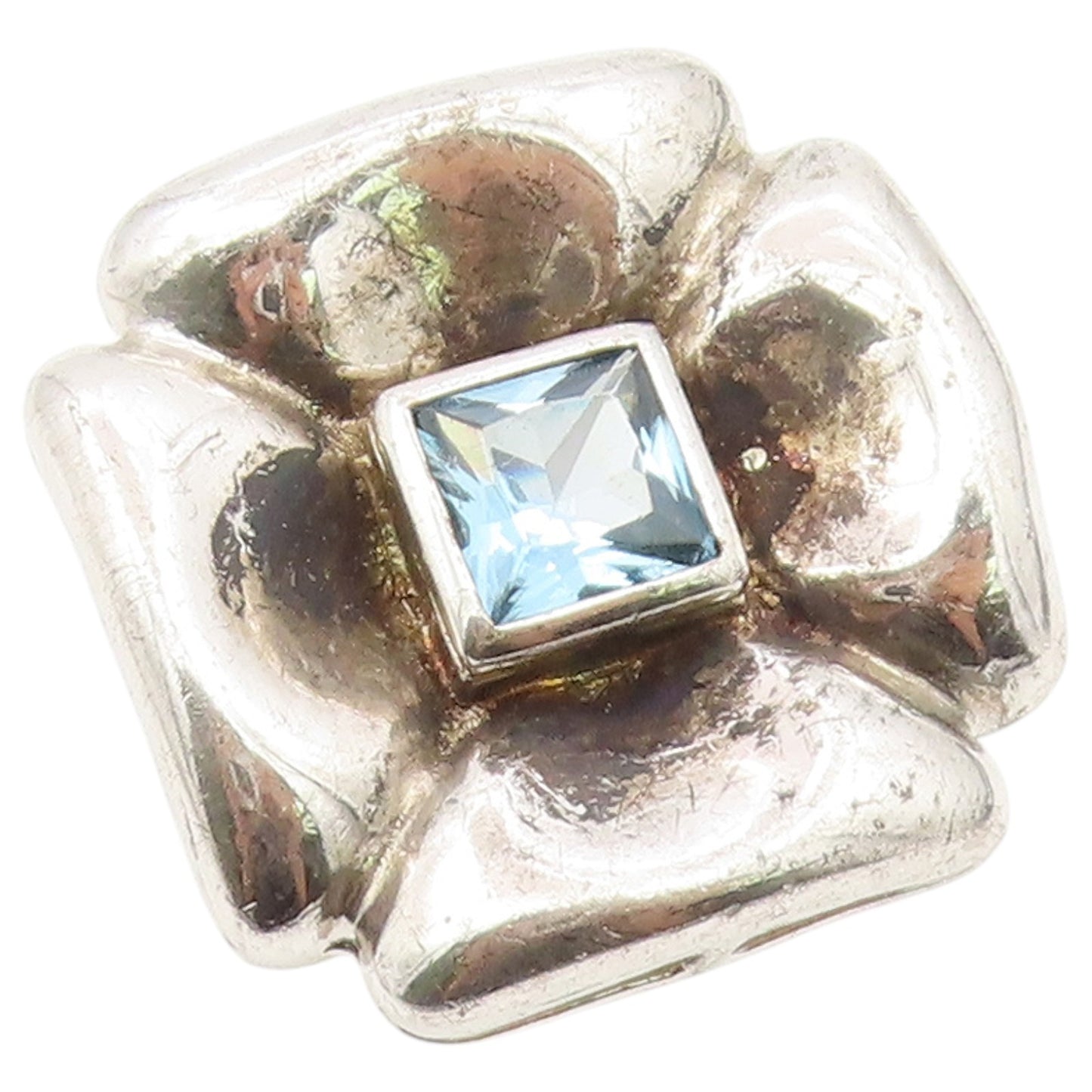 925 Sterling Silver Vintage Ring Modernist Blue Topaz Flower Band  Sz 7  RG36612