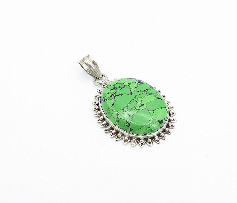 925 Sterling Silver  Vintage Cabochon Cut Green Howlite Drop Pendant  PT2541