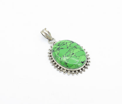 925 Sterling Silver  Vintage Cabochon Cut Green Howlite Drop Pendant  PT2541