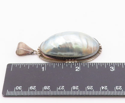 925 Sterling Silver  Vintage Blue Mother Of Pearl Oval Dome Pendant  PT19192