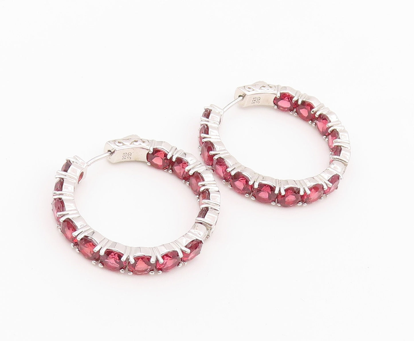 925 Sterling Silver Vintage Earrings Modernist Round Cut Topaz Hoops  EG14455