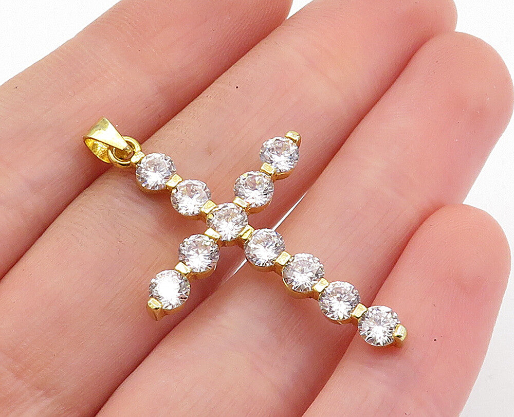 925 Sterling Silver  Cubic Zirconia Gold Plated Religious Cross Pendant PT4631
