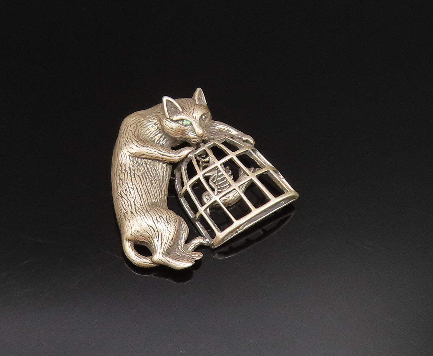 JEZLAINE 925 Silver  Vintage Carved Cat With Bird Cage Brooch Pin  BP9785