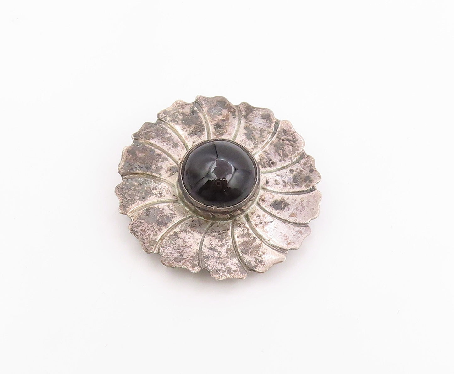 925 Sterling Silver Vintage Brooch Pin Cabochon Onyx Floral Sunburst  BP12517