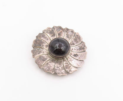 925 Sterling Silver Vintage Brooch Pin Cabochon Onyx Floral Sunburst  BP12517