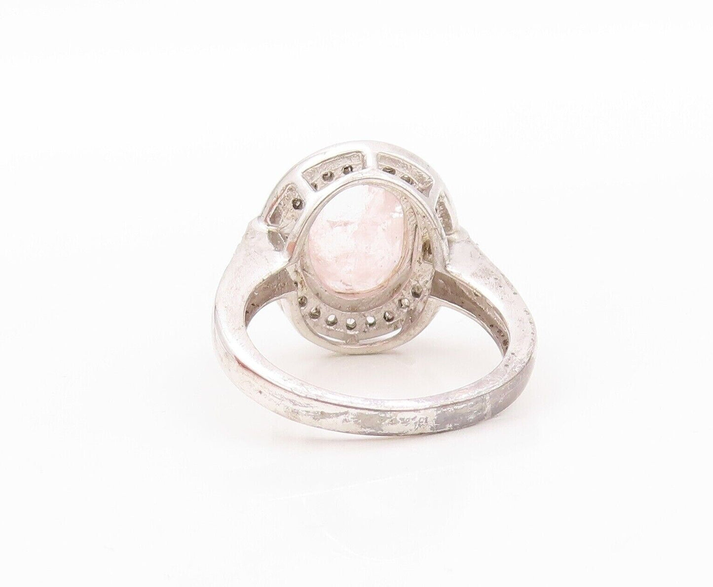 925 Sterling Silver Vintage Ring Oval Pink Gemstone Halo Diamonds  Sz 7  RG30179