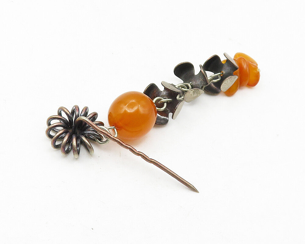 925 Sterling Silver  Vintage Amber Floral Beaded Dangling Sweater Pin  TR1829