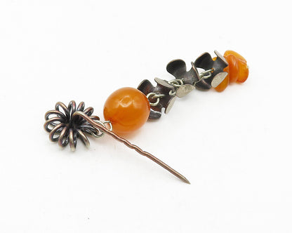 925 Sterling Silver  Vintage Amber Floral Beaded Dangling Sweater Pin  TR1829