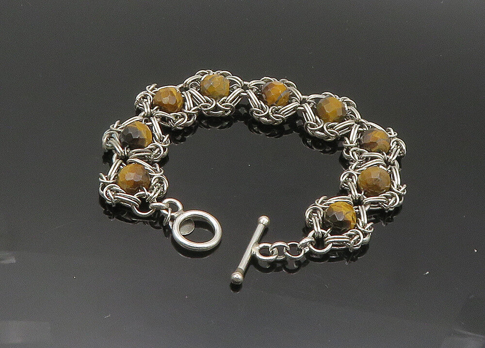 925 Sterling Silver  Vintage Faceted Tiger's Eye Beaded Chain Bracelet  BT8269
