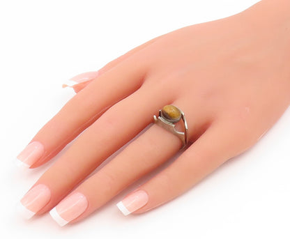 925 Sterling Silver Vintage Ring ISRAEL Tiger's Eye Modern Band  Sz 5.5  RG35174