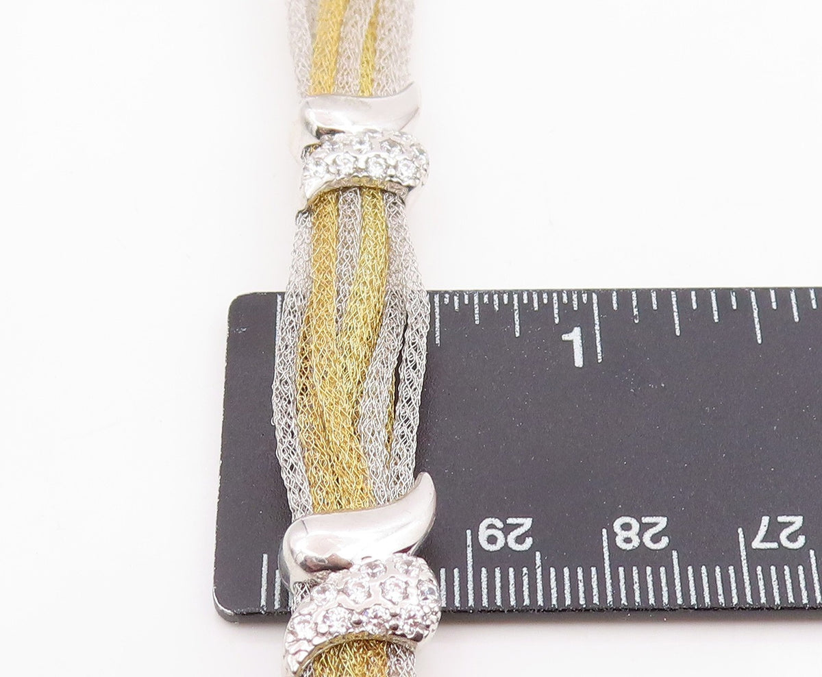 925 Sterling Silver Vintage Bracelet Elegant CZ Two Tone Mesh Chain  BT11980