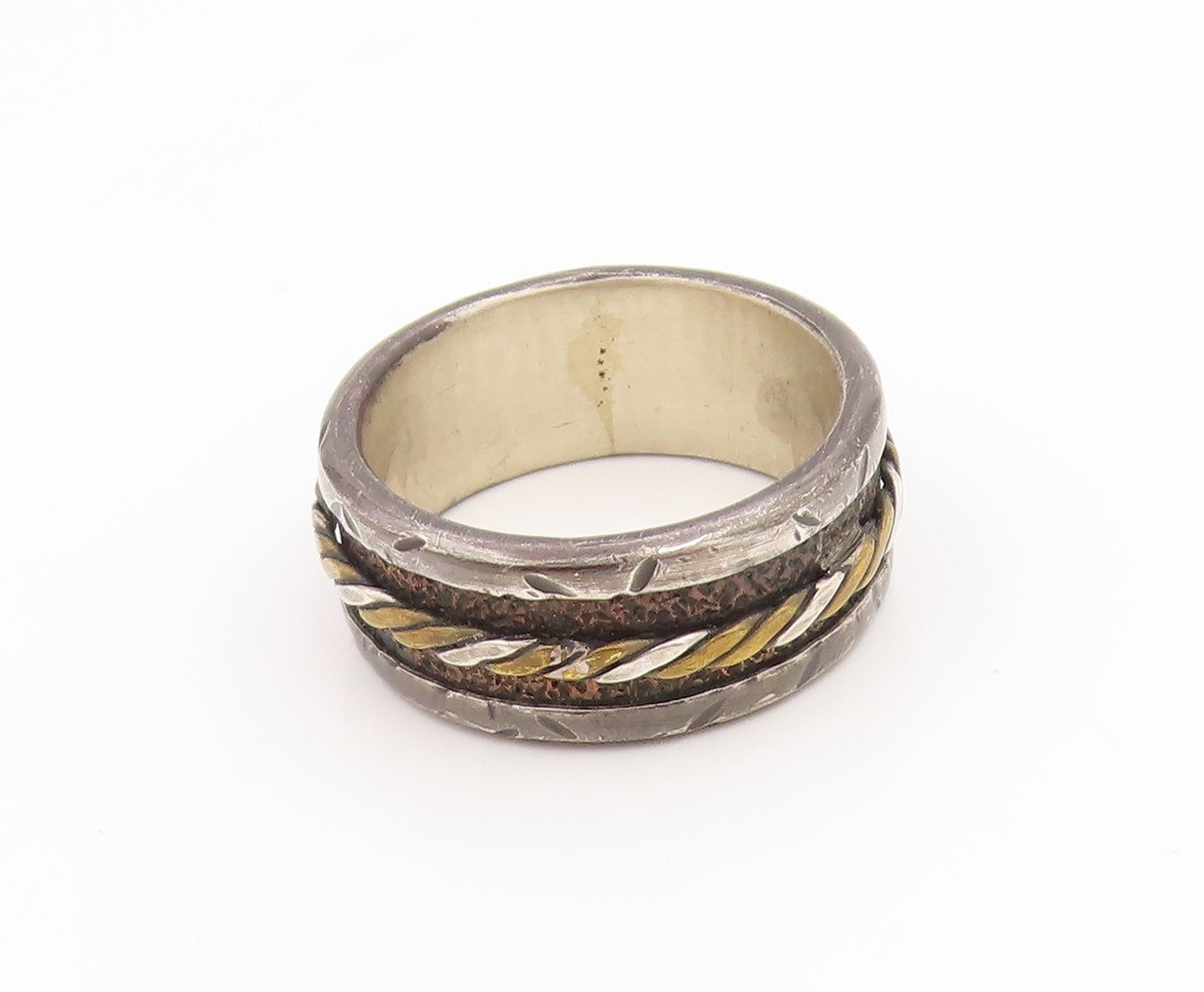 925 Sterling Silver Vintage Ring Two Tone Twisted Wide Band  Sz 12.5  RG35600