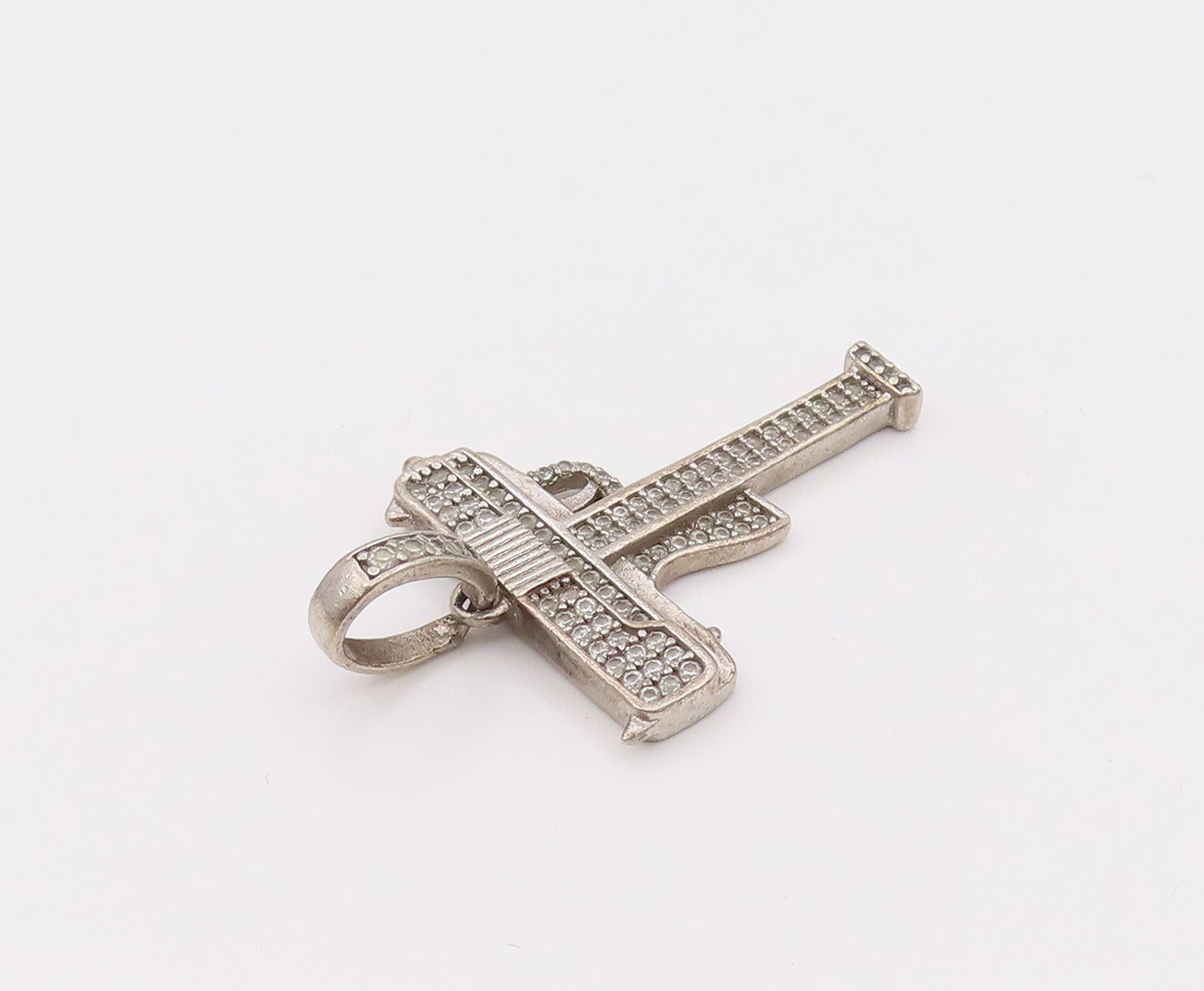 925 Sterling Silver  Vintage Letter T With Gun Design CZ Pendant PT22109
