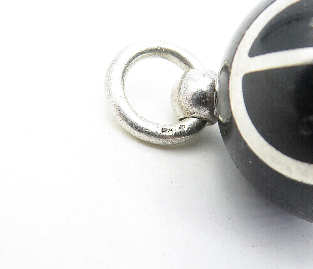 925 Sterling Silver  Vintage Black Onyx Sphere Patterned Drop Pendant  PT3433