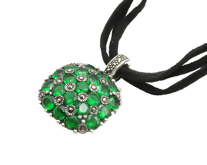 925 Sterling Silver  Green Topaz & Marcasite Suede Chain Necklace  NE2130