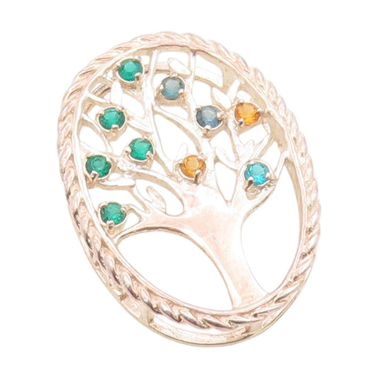 925 Sterling Silver Vintage Pendant Multi Colored Gemstone Tree Of Life  PT25066