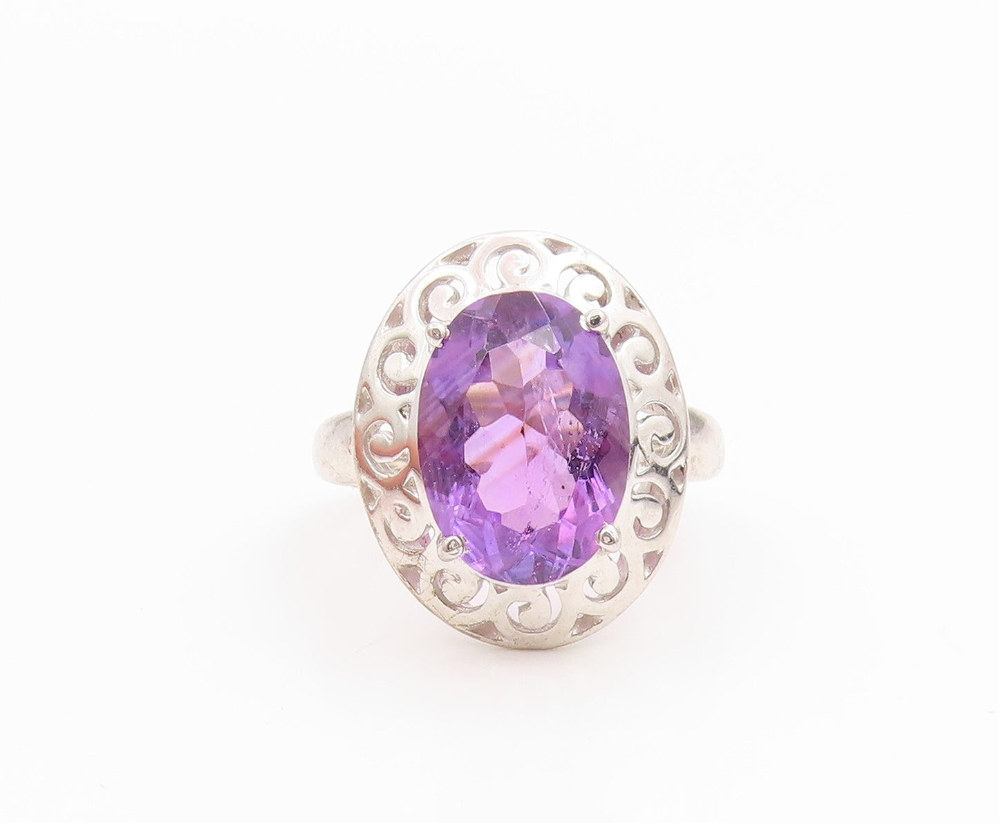 925 Sterling Silver Vintage Ring Amethyst Scroll Cutout Band  Sz 7  RG36137