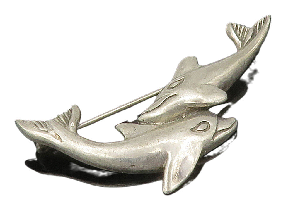 MEXICO 925 Sterling Silver  Vintage Double Dolphin Love Brooch Pin  BP5986