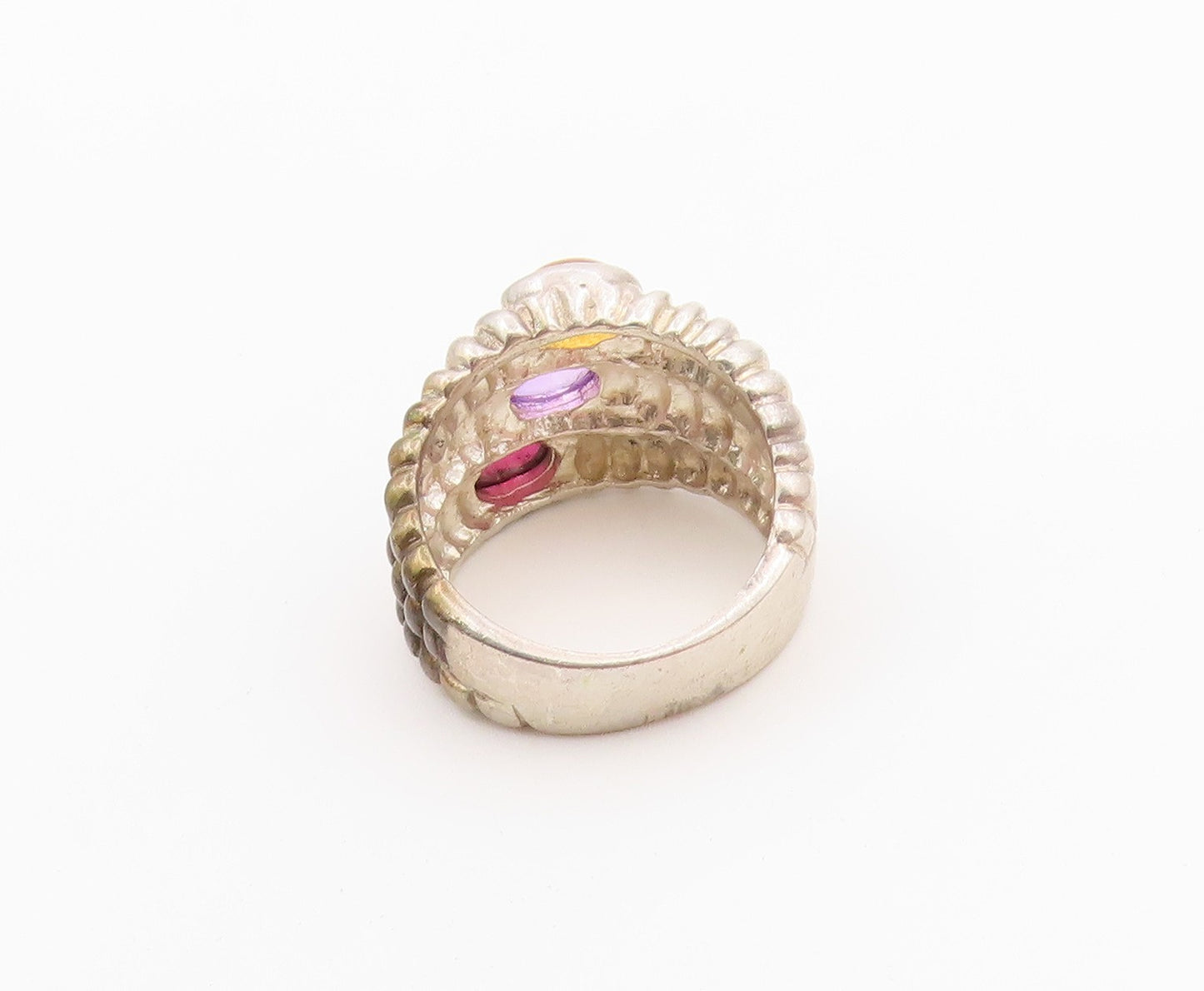 925 Sterling Silver Vintage Ring Multi Stone Triple Row Ribbed Band Sz 6 RG36477