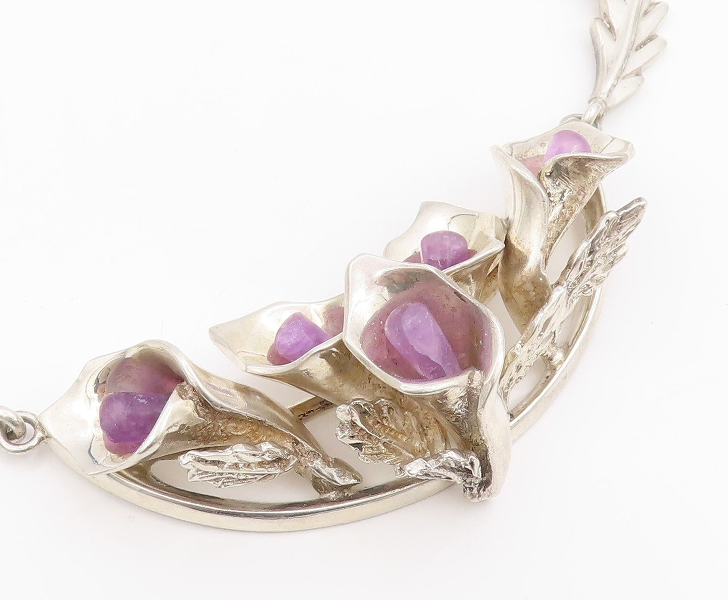 925 Sterling Silver Vintage Necklace MEXICO Heavy Cutout Gemstone Lily  NE4476