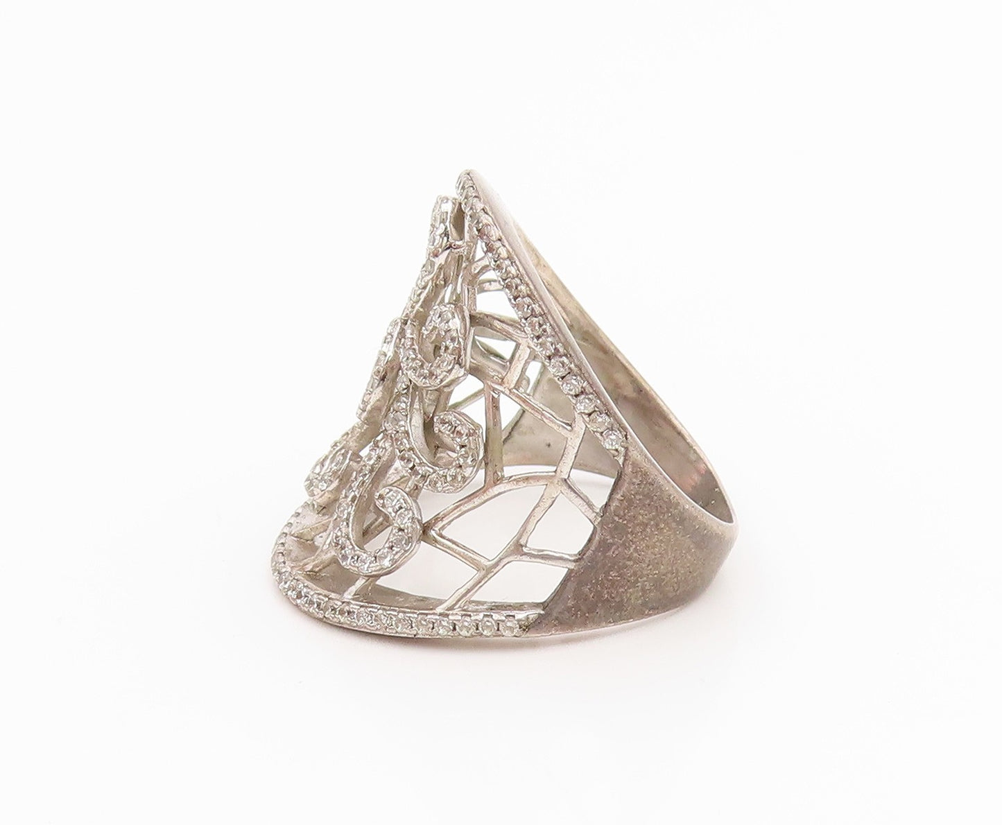 925 Sterling Silver Vintage Ring White Topaz Openwork Swirl Band  Sz 7  RG35465