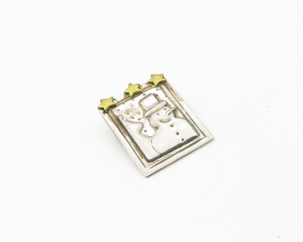 FAR FETCHED 925 Silver  Vintage Two Tone Snowman & Stars Brooch Pin  BP7028