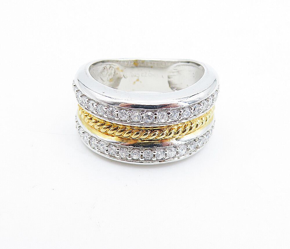 925 Sterling Silver  Cubic Zirconia Two Tone Shiny Twist Band Ring Sz 7 RG6571