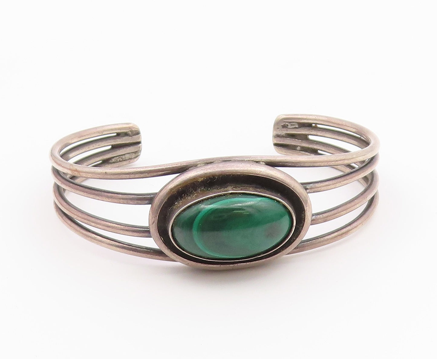 925 Sterling Silver  Vintage Cabochon Malachite Split Cuff Bracelet  BT9205