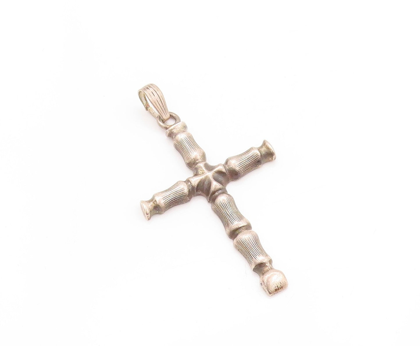 925 Sterling Silver Vintage Pendant Religious Carved Bamboo Stick Cross  PT24183