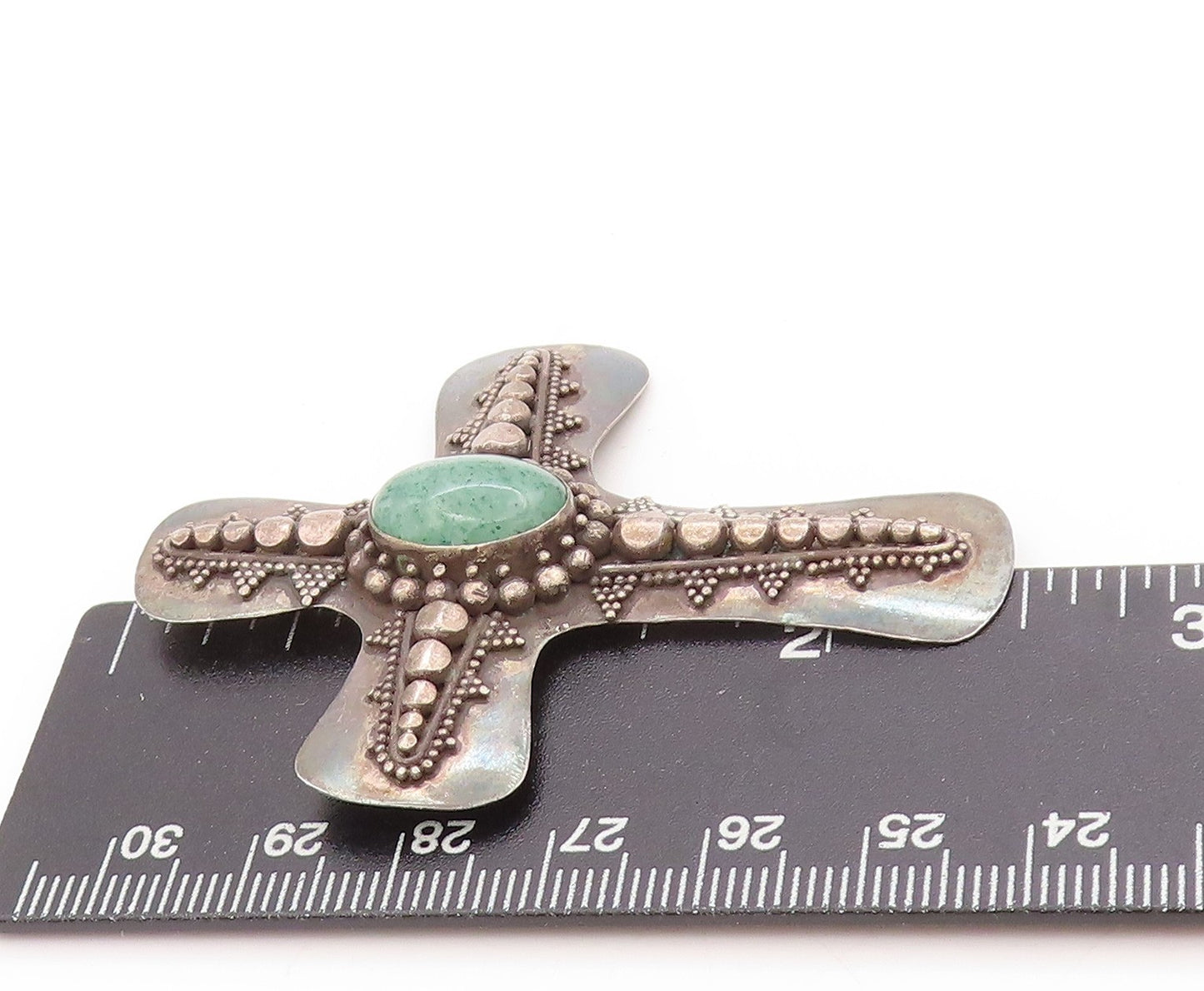 925 Sterling Silver Vintage Brooch Cabochon Turquoise Religious Cross  BP11950