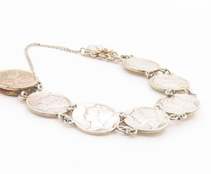 925 Sterling Silver Vintage Bracelet Modernist US One Dime Coin Link  BT12038
