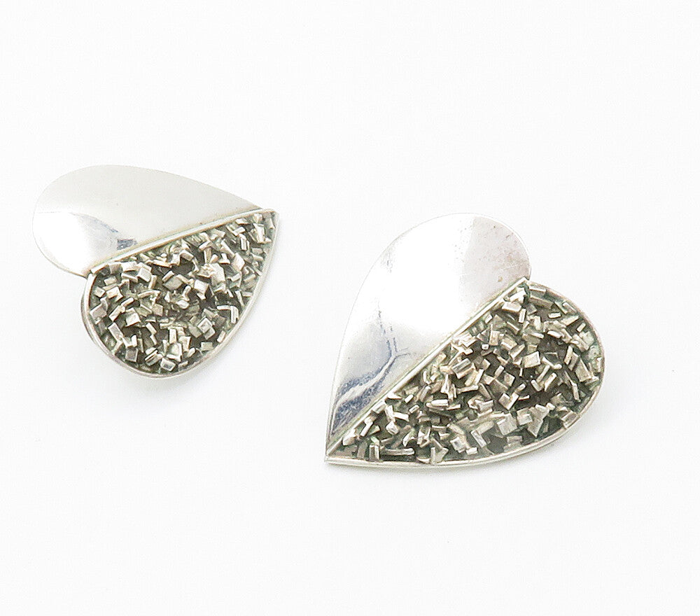 MEXICO 925 Sterling Silver  Vintage Textured Love Heart Drop Earrings  EG7782