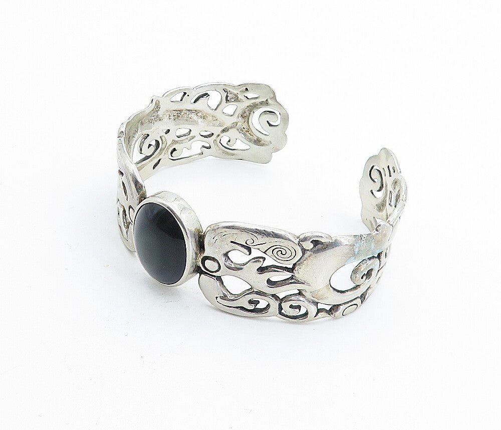 925 Sterling Silver  Vintage Black Agate Modernist Swirl Cuff Bracelet  BT2155