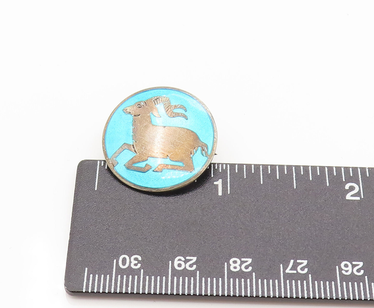 EUROPE 925 Silver  Vintage Round Blue Enamel Antelope Brooch Pin  BP10130