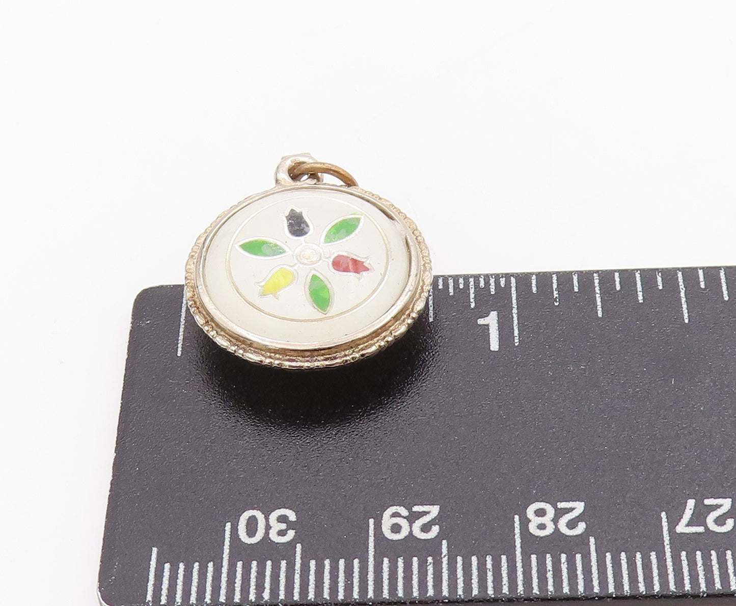 925 Sterling Silver Vintage Pendant 2 Side Enameled Flower & Peacock  PT24507
