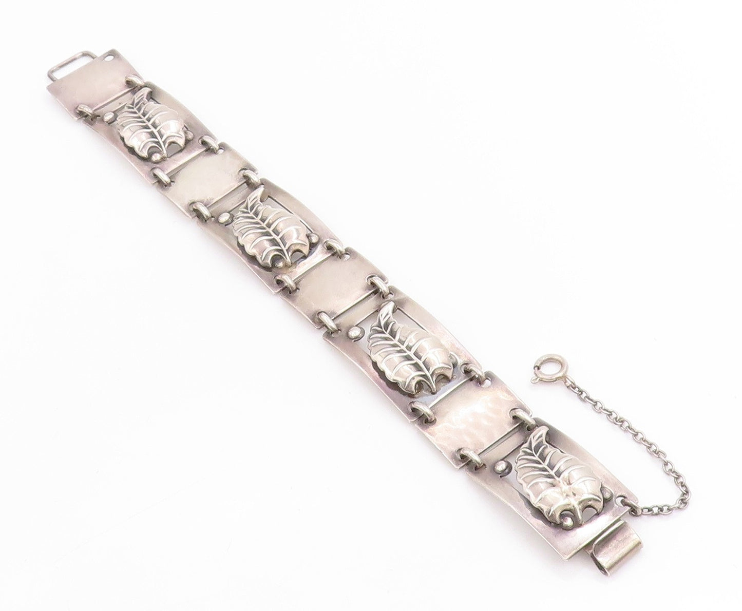 925 Sterling Silver Vintage Bracelet Carved Floral Leaf Panel Link Chain BT11479