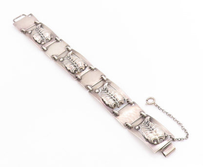 925 Sterling Silver Vintage Bracelet Carved Floral Leaf Panel Link Chain BT11479