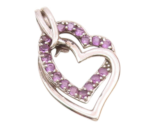 925 Sterling Silver  Vintage Amethyst Open Love Hearts Pendant  PT19117