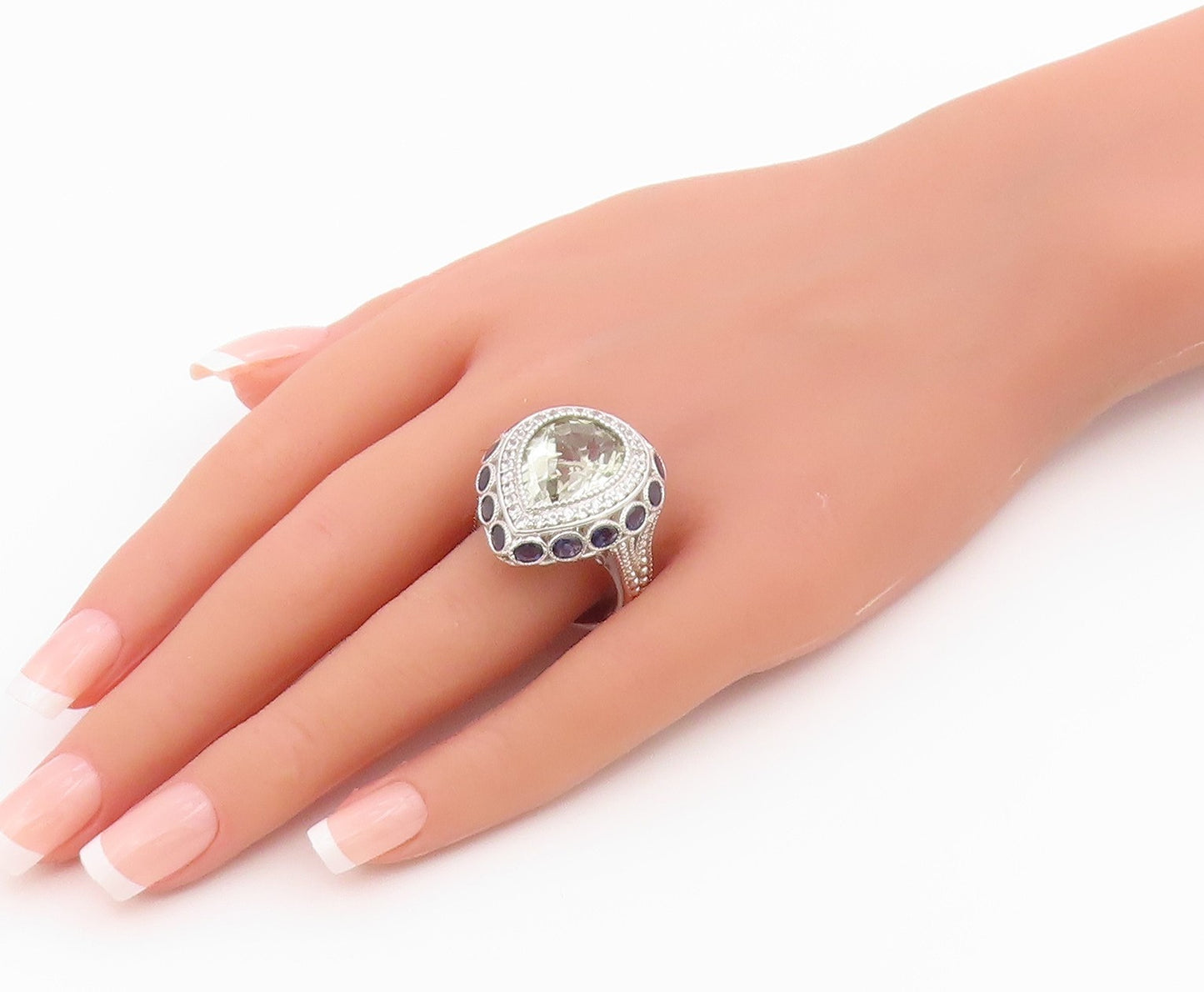 925 Sterling Silver Vintage Ring Green Amethyst Halo Tanzanite  Sz 10.5  RG36438