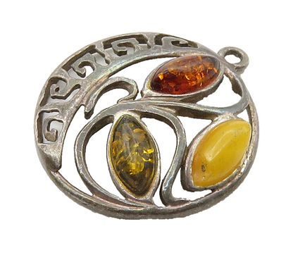 925 Sterling Silver  Vintage Amber Floral Vine Greek Key Pendant  PT12473