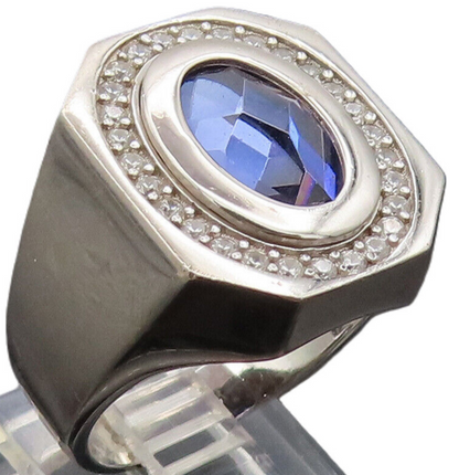925 Sterling Silver  Vintage Bulged Border Sapphire Halo CZ Ring Sz 9  RG26989