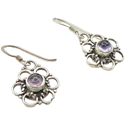 925 Sterling Silver  Vintage Cabochon Amethyst Flower Drop Earrings  EG4912