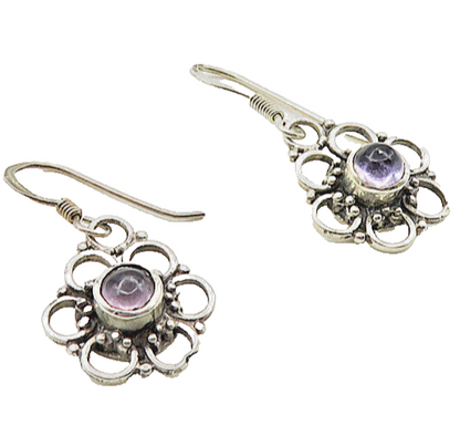 925 Sterling Silver  Vintage Cabochon Amethyst Flower Drop Earrings  EG4912