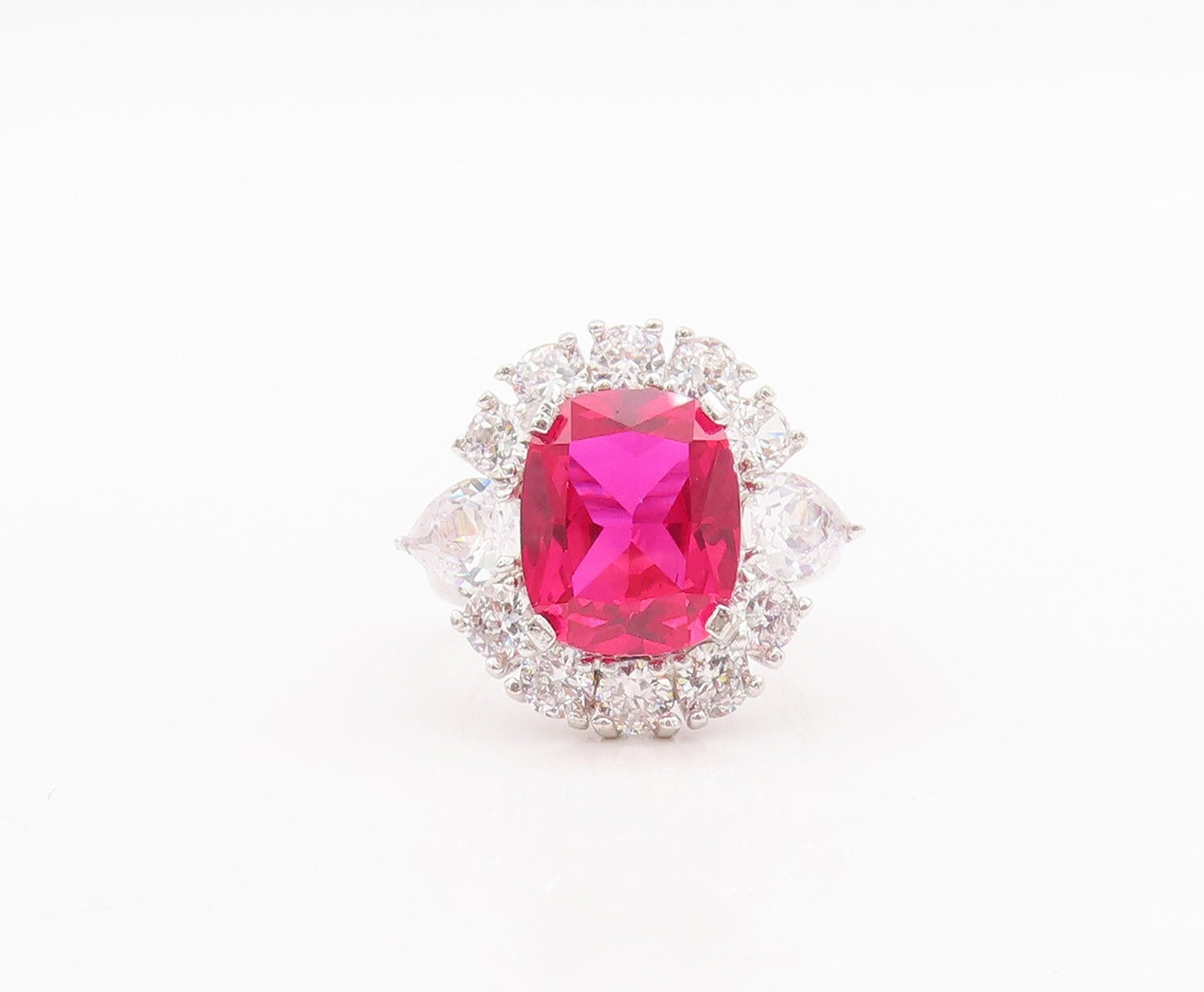 925 Sterling Silver Vintage Ring Rectangle Pink & White CZ Flower Sz 7  RG29605